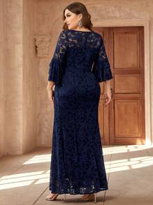 Plus Size V-Neck Ruffle Sleeve Floral Lace Mermaid Maxi Dress, Suitable For Valentine's Day, Wedding Guest, Prom, Birthday, Holiday, Graduation Ceremony, Gala And Other Occasions - Navy Blue - View 3