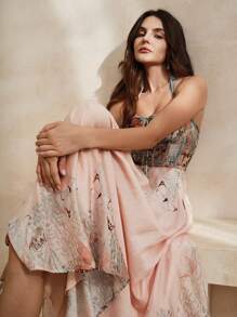 Anewsta 夏季优雅蝴蝶花卉印花束腰吊带连衣裙