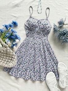 Soleia Vestido corto de verano para mujeres con tirantes de espagueti sin espalda cruzados con estampado floral pequeño para vacaciones