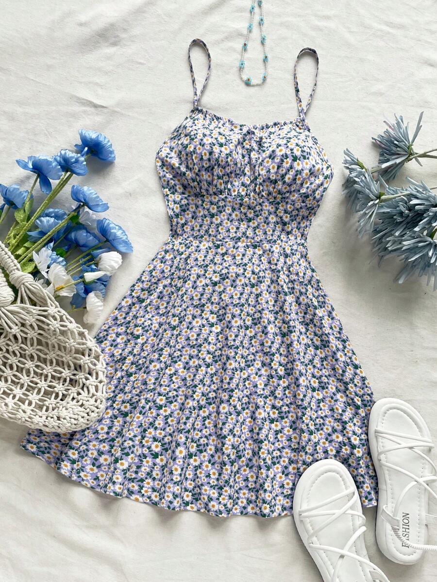 Soleia Vestido corto de verano para mujeres con tirantes de espagueti sin espalda cruzados con estampado floral pequeño para vacaciones