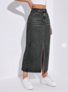 SHEIN EZwear Váy denim màu trơn đơn giản hàng ngày cho nữ - Xám - Xem 3