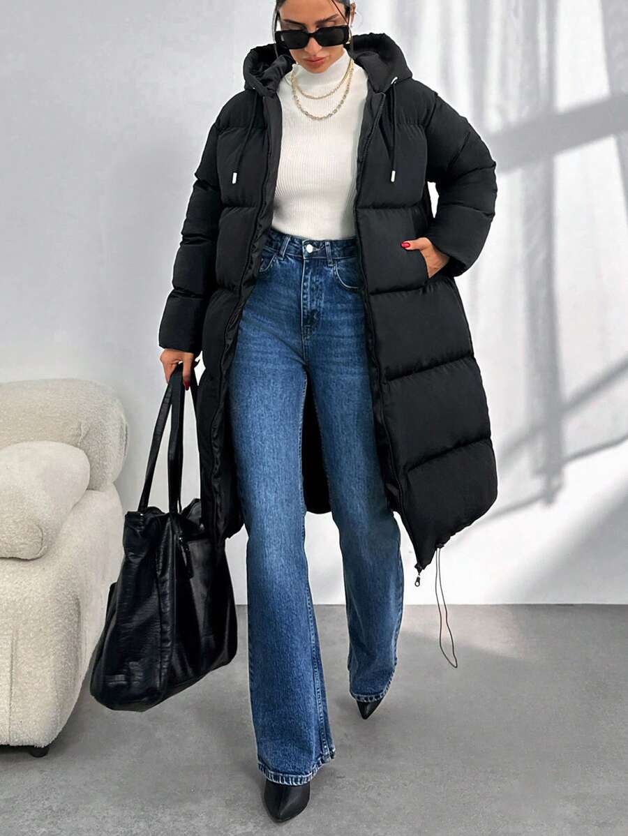 EURMUSE Lange gesteppte Jacke mit Kapuze, Reißverschluss und Kordelzug, Winterbekleidung - Schwarz - Übersicht 1