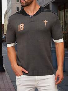 Manfinity Homme Men Casual Colorblock Short Sleeve Knit Shirt With Embroidered Letters For Spring And Summer - Multicolor - View 5