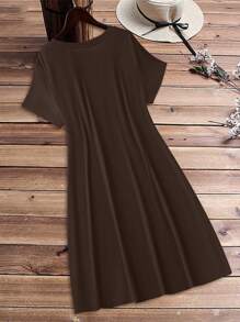 EMERY ROSE 女士休闲心形图案短袖紧身迷你连衣裙/短裙套装，夏季 - 咖啡棕 - 查看 2