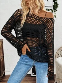 SHEIN LUNE Pull casual transparent décontracté à manches longues et col rond de couleur unie - Noir - Voir 3