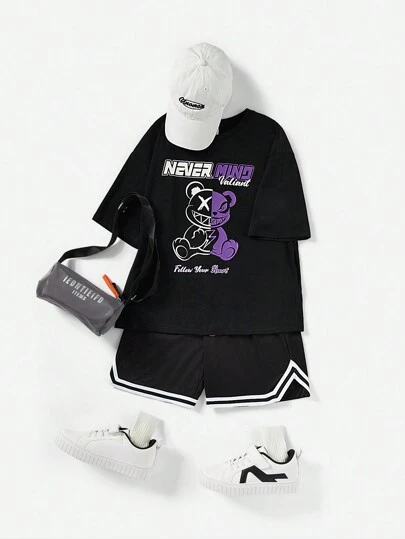 SHEIN 2st Kids Tween Boys Extended Size Casual Street Style Loose Fit T-shirt med design med björntryck och rund halsringning, Patchwork Shorts Stickade tvådelade set Lämplig för daglig fritid och resor, även idealisk för sport, vår- och sommarsäsong