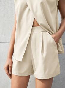 BizChic 女士夏季休闲纯色宽肩带开衩衬衫和短裤套装