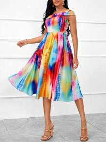 SHEIN Lady Casual Women Dresses Women's Oblique-Shoulder Colorful Tie-Dye Printed Countryside Music Festival Dress