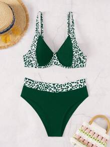 SHEIN Swim 女式印花两件套比基尼套装带随机钢圈，夏季度假沙滩装夏季海滩 - 墨綠色 - 查看 5