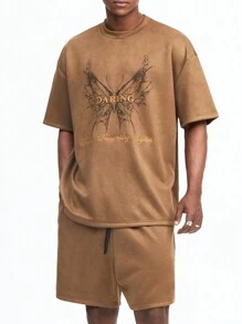 Manfinity NXTstreet Men Spring/Summer Casual Butterfly Printed Letter Embroidered Short Sleeve T-Shirt And Shorts Set - Brown - View 6