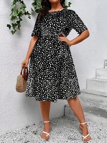 SHEIN Clasi Plus Size Dalmatian Print Ruffle Hem Dress - Black - View 6