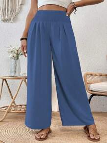 SHEIN Holidaya Pantalones casuales sólidos de color simple para mujeres de talla grande para uso diario - Azul - Ver 4