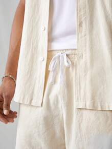 Manfinity VCAY Men's Fashionable Knitted Casual Casual Solid Color Short Sleeve Shirt And Shorts Set, Daily Wear - Beige - View 7