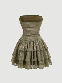 SHEIN MOD 花卉印花褶皺休閒女士無肩帶裙 - 軍綠色 - 查看 2