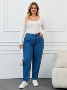 EURMUSE Plus Size High Waisted Tapered Leg Jeans - Blue - View 3