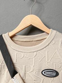 SHEIN Áo hoodie vải họa tiết in chữ Tween Boy Xuân/Thu, Quần Jogger, Ba lô, Bộ nhiều món - Màu be - Xem 7