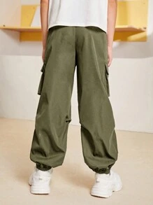 SHEIN Leap Crew Boys Flap Pocket Side Cargo Trousers - Army Green - View 5