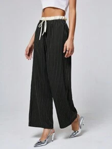 Chiquease Pantalon long polyvalent à rayures à jambes larges rétro à la mode de style américain avec double taille en blocs de couleurs décontracté - Multicolore - Voir 1