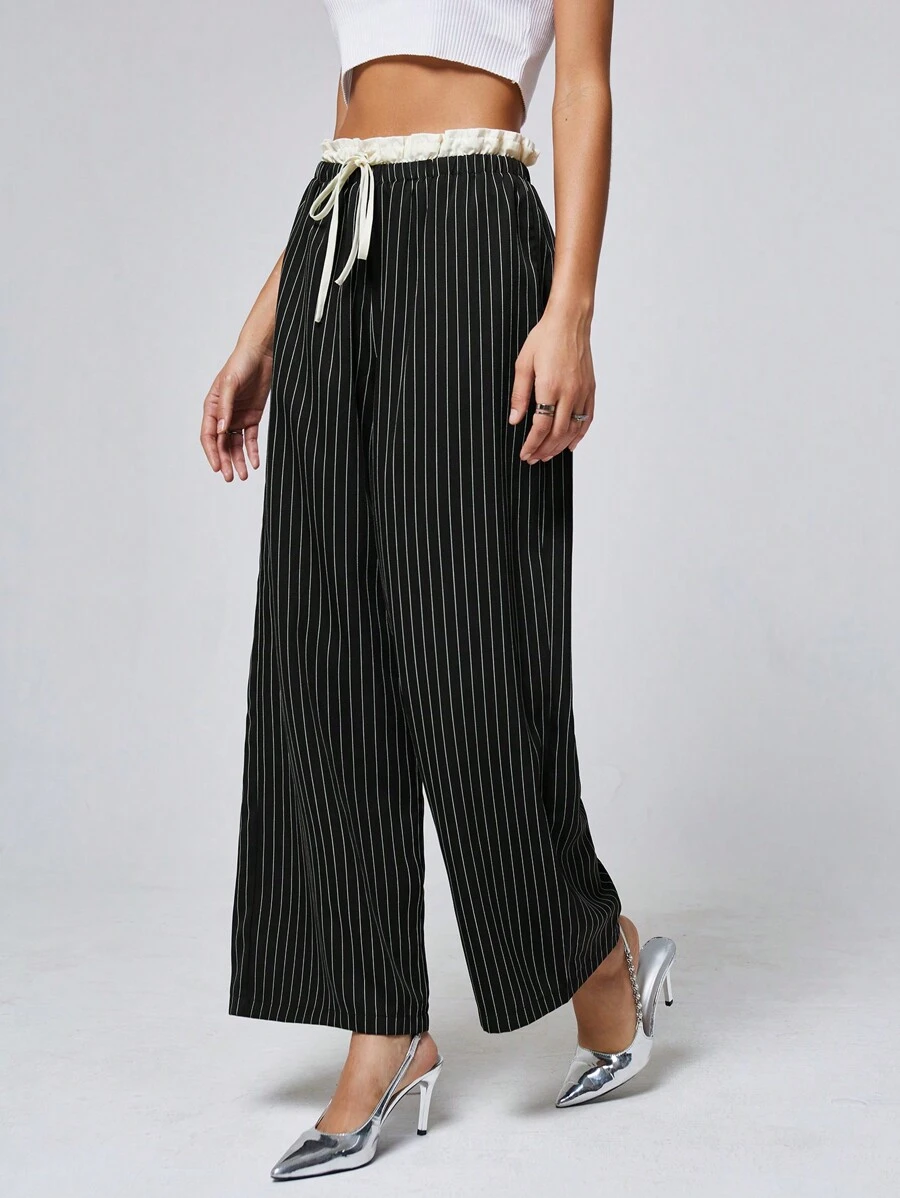 Chiquease Pantalon long polyvalent à rayures à jambes larges rétro à la mode de style américain avec double taille en blocs de couleurs décontracté - Multicolore - Voir 1