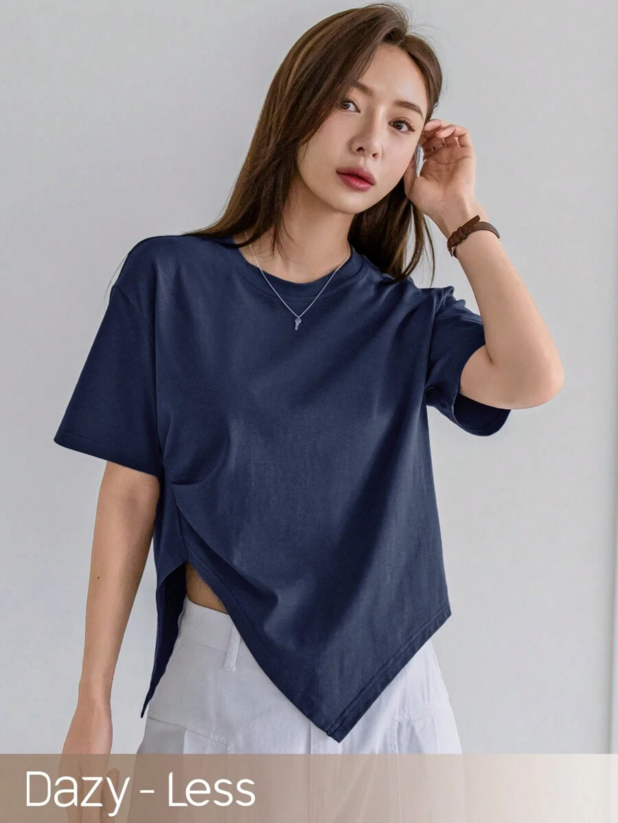 Dazy-Less 女士夏季纯色不对称短袖T恤老款商务休闲女士工作服 - 藍色 - 查看 1