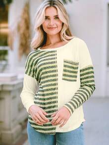 Women's Khaki Striped Patch Textured Fabric Long Sleeve Top - Khaki - View 7