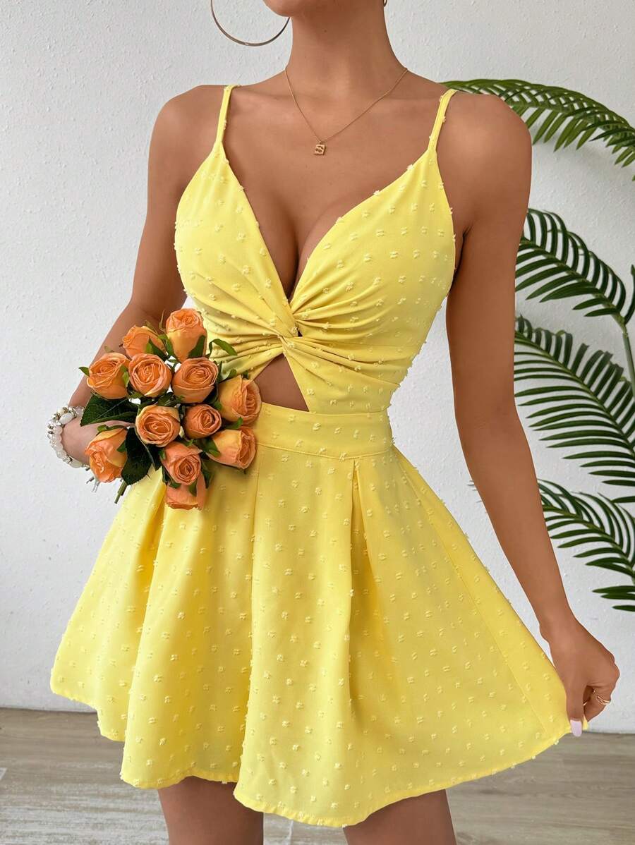 Breezaya Bộ áo liền quần thường ngày khoét rỗng phía trước màu trơn dành cho nữ với vòng eo cut-out và dây đeo spaghetti có thể điều chỉnh, dành cho kỳ nghỉ - Màu vàng - Xem 1