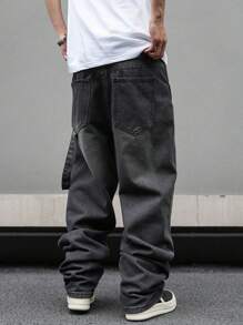 Claim Dot Pantalones vaqueros anchos y sueltos con bolsillos para hombres, pantalones vaqueros anchos lisos y largos lavados de color gris oscuro tipo cargo, para regalo de esposo o novio - Gris - Ver 2