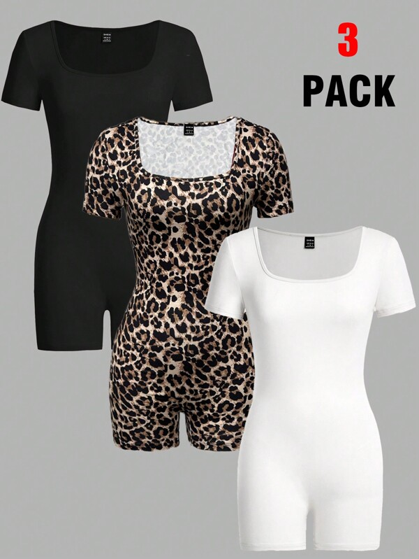 SHEIN EZwear 3pcs Casual Short Sleeve Jumpsuits, Summer, For Women's Bodycon Rompers