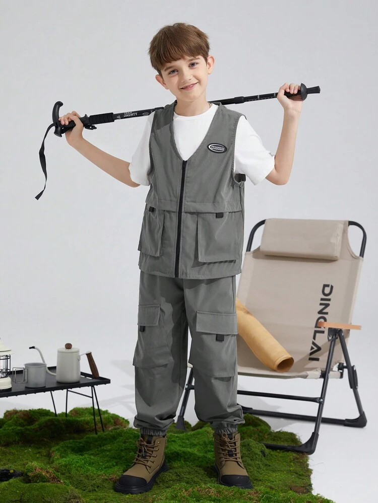 3pcs/Set Tween Boy Loose Casual Crewneck Short Sleeve Solid T-Shirt, Woven Vest And Elastic Cuff Pants