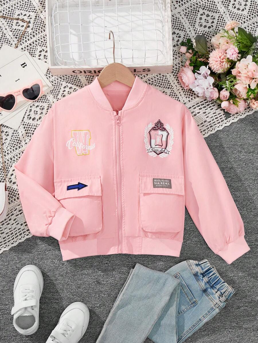 Girls' Letter Badge Workwear Baseball Jacket, Fall - Pink - View 1