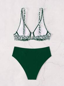 SHEIN Swim 女式印花两件套比基尼套装带随机钢圈，夏季度假沙滩装夏季海滩 - 墨綠色 - 查看 8