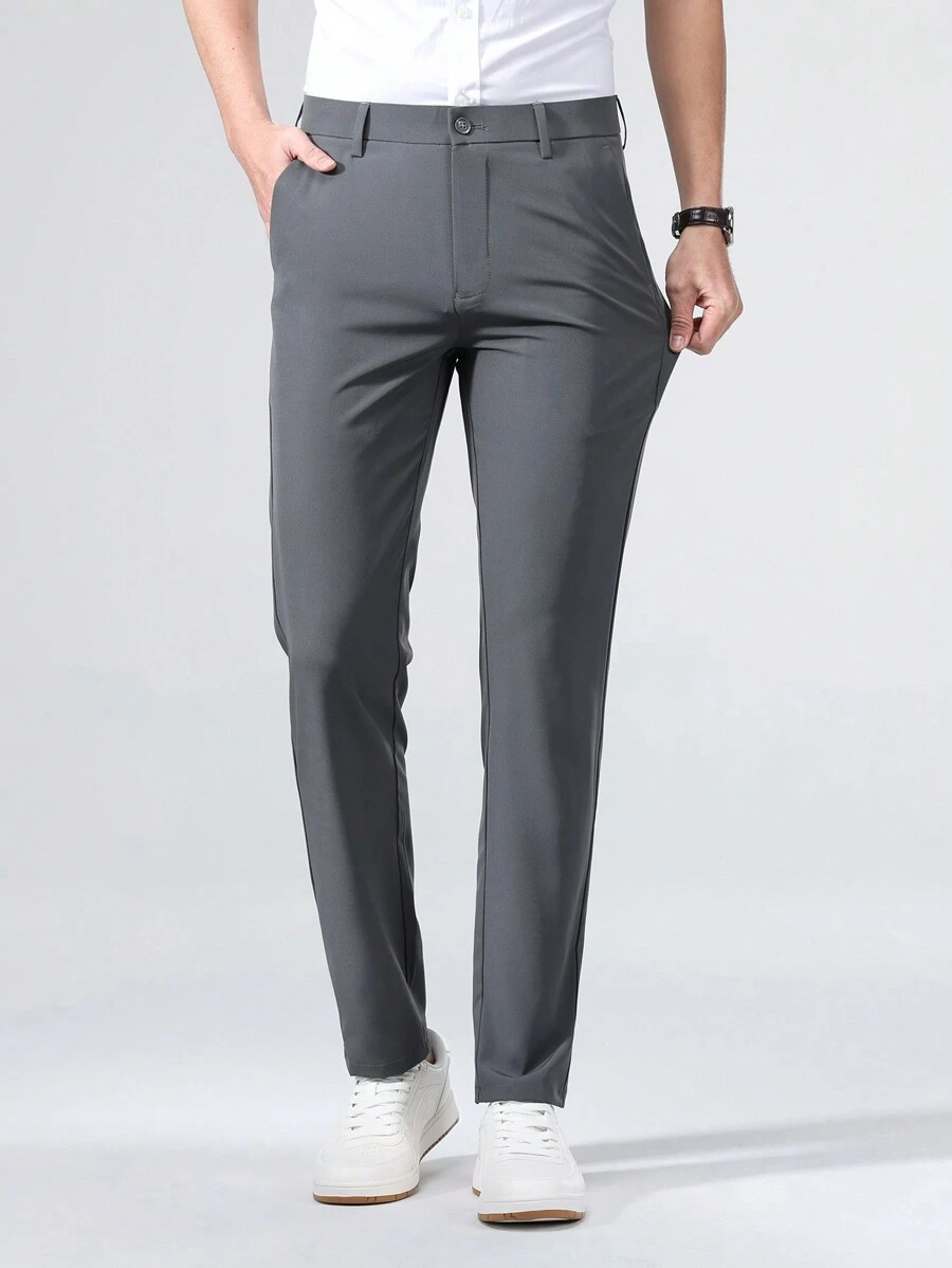 男士纯色口袋直筒休闲/办公长裤，秋季 - 灰色 - 查看 1