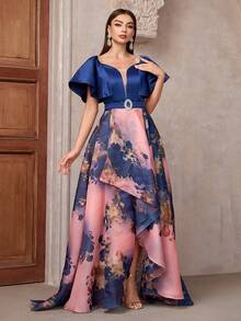 Vestido maxi de dama de honor con estampado floral, escote de corazón y mangas cortas con volantes, vestido elegante - Multicolor - Ver 7