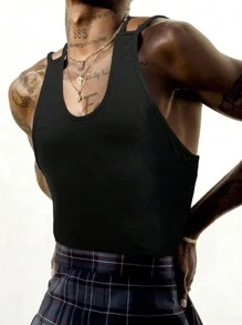 男士夏季純色圓領漸變抽空休閒背心 - 黑色 - 查看 1