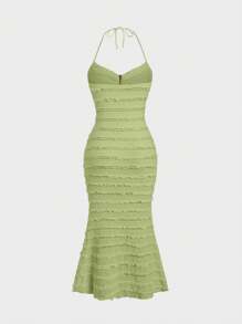 Sweetra Vestido maxi para mujer de verano con estampado de unicolor, capa múltiple con volantes, anilla redonda y dobladillo de sirena con cuello halter