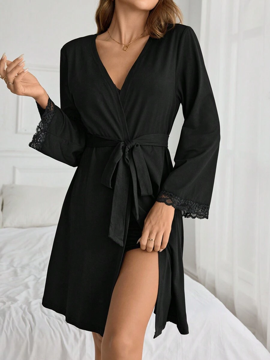 Women Solid Elegant Contrast Lace A-Line Robe, Fall Cozy And Elegant Details