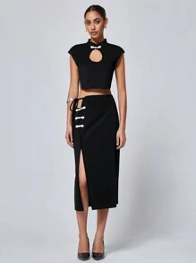 GENKIRA Sleeveless Knitted Midi Dress With Side Slit And Buckle Accents, 2pcs/Set In Solid Color, New Chinese Style - Black - View 1