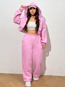CovetEZ Plus Size Pink Hooded Sweatshirt And Long Pants Set - Pink - View 7
