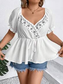 Calvaya Camisa de manga corta con cuello en forma de corazón y estampado gráfico para tallas grandes, casual para el verano