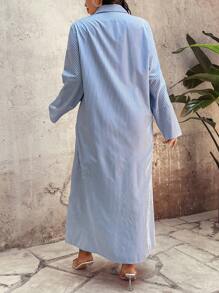 Calvaya Plus Size Blue & White Striped Loose Shirt Dress For Women