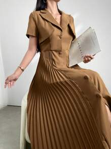 Modelyn Robe à manches courtes plissée pour femmes de couleur unie et simple, idéale pour un usage quotidien - Kaki - Voir 5