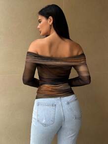 SHEIN Essnce Áo thun nữ Meralad, thiết kế hở vai có cổ lớn dài tay phối lưới hàng đầu mùa hè Top ống buộc dây - Nhiều màu - Xem 2