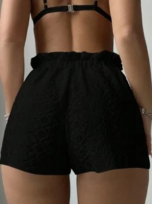 SHEIN Swim 纯色针织提花休闲罩衫短裤夏季 - 黑色 - 查看 2
