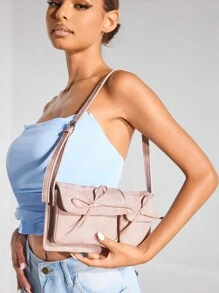 SHEIN BAE 女士情人節鑽石蝴蝶結Y2K街頭雙口袋肩背包，青少年，粉紅色 - 粉色 - 查看 2