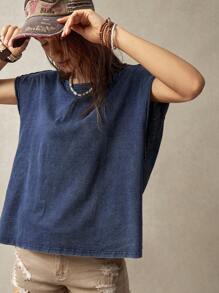 Bohemela Women's Summer Solid Color Round Neck Batwing Short Sleeve Casual T-Shirt For Vacation - Blue - View 4