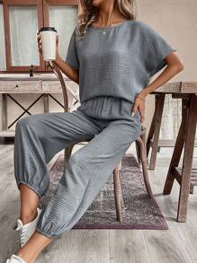 SHEIN LUNE Damen Sommer Outfit aus loser Leinen Bluse und Haremshose Zweiteiler - Grau - Übersicht 4