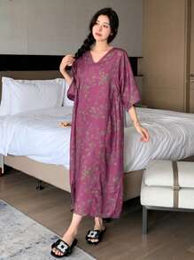 DAZY 花卉轮廓全身印花宽松睡裙，适合秋季睡衣