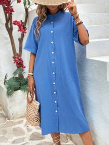 SHEIN LUNE Lässiges einfarbiges A-Linienkleid mit Stehkragen und Knopfleiste vorne