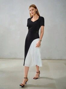 MOTF PREMIUM CLASSY SLIM-FIT CONTRAST PLEATED DRESS - Black and White - View 9
