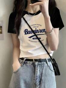 女士短款拼接撞色修身短袖T恤，春夏休闲款 - 黑與白 - 查看 2